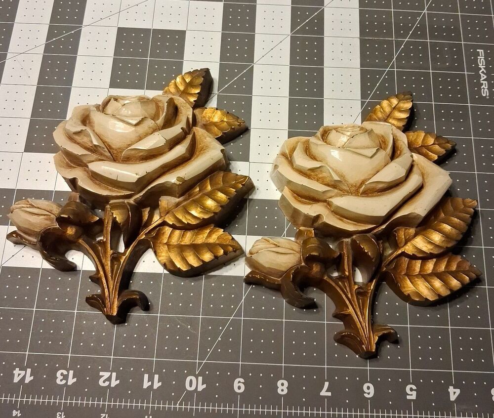 Vintage Homco/Dart 7516 Gold & White color Roses Wall Plaques